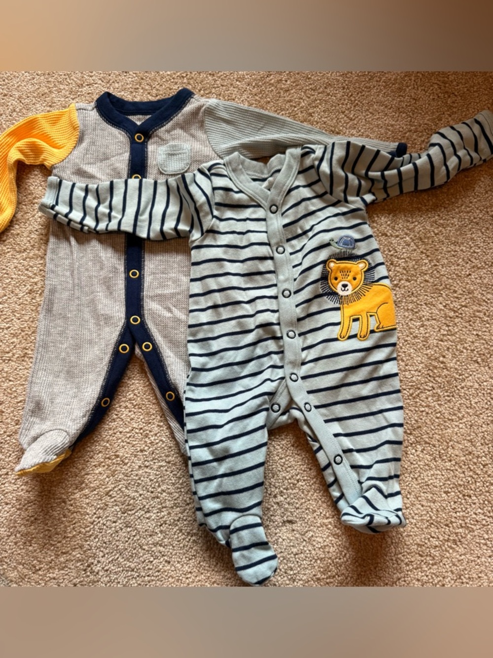 Carter's Striped Lion Footed One-Piece in Gray and Navy with Yellow Appliqué